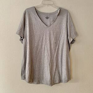 Lane Bryant Women’s Gray V-neck Short Sleeve T-shirt Gold Polka Dots 18/20